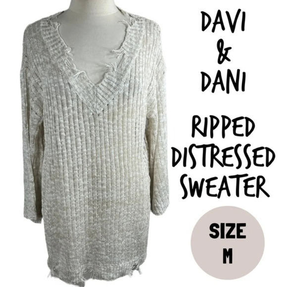 DAVI & DANI Sweaters - Davi & Dani y2k distressed frayed ripped v neck sweater cream oatmeal